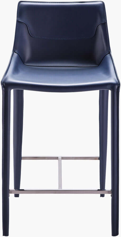 Front view of Surya Hanks Navy Bar Stool, showcasing the elegant navy blue leather and sturdy metal legs.