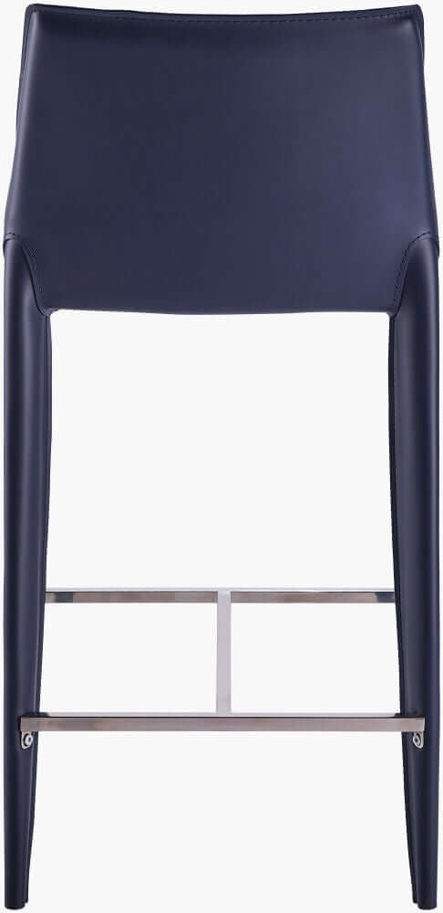 Back view of Surya Hanks Navy Bar Stool, emphasizing the smooth faux leather upholstery and robust construction.