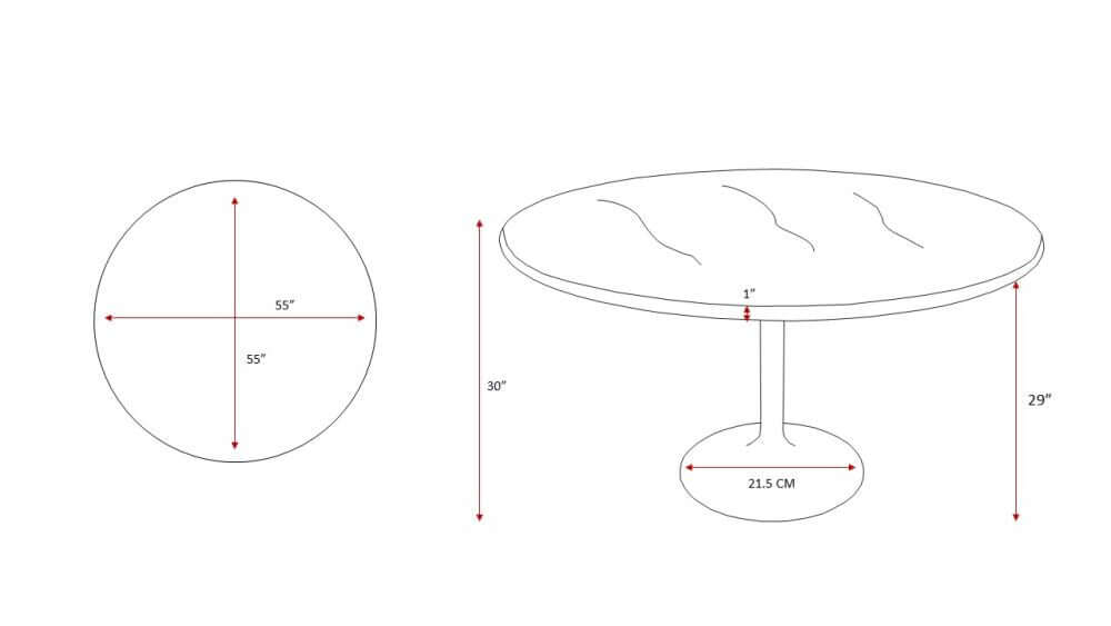 Technical drawing of the Surya Anatalia Black Dining Table with dimensions: 55" diameter, 30" height, and 21.5 cm base width