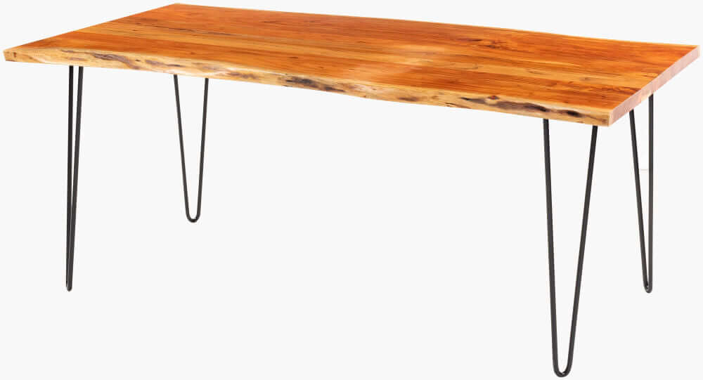 Front view of the Bergen modern Metal dining table by Surya showcasing its live edge acacia wood top.