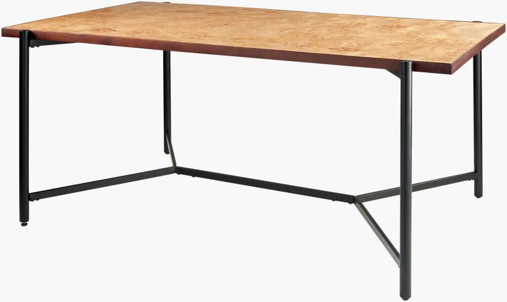 Front view of the Judith Dining Table by Surya showing sleek mango wood top and metal base.