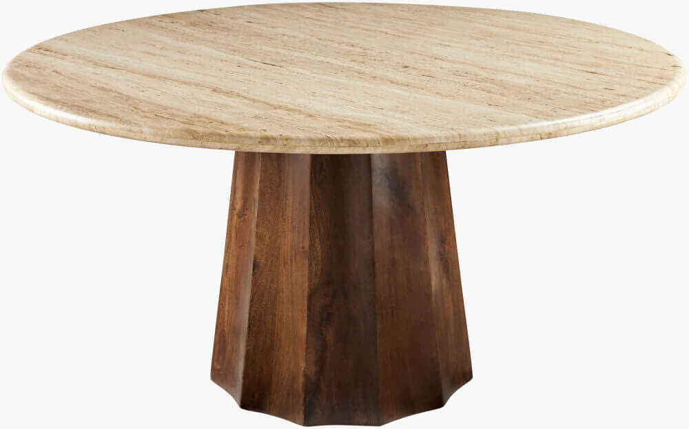 Front view of the Linus dark brown dining table by Surya with a polished travertine top