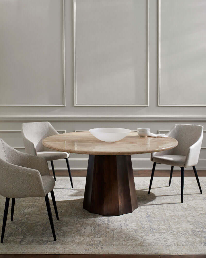 Elegant Linus dark brown dining table by Surya in a formal dining setting with gray chairs.