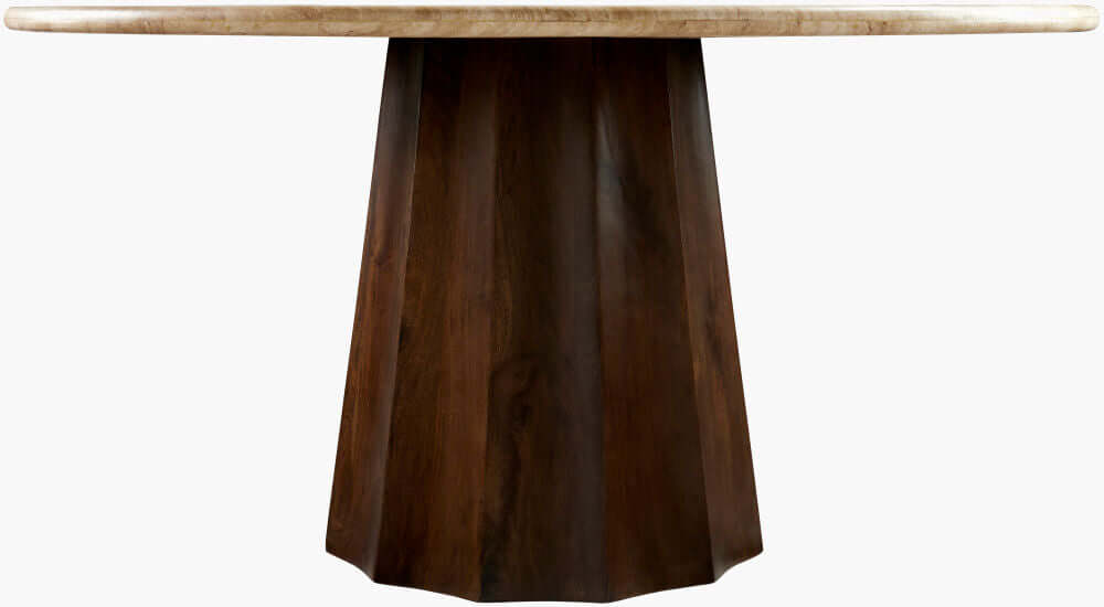 Close-up of the base of the Linus dark brown dining table by Surya showing its sturdy mango wood construction.