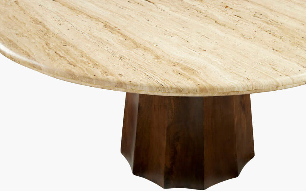 Detailed view of the travertine top of the Linus dark brown dining table by Surya highlighting its polished finish.