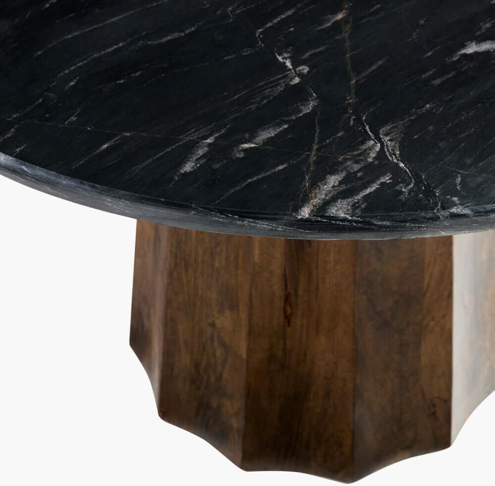 Close-up of black marble top on the Linus Dining Table by Surya