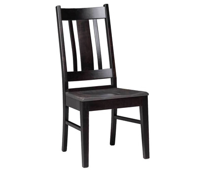 Black Amish dining chair with hand-planed top and hand-worn edges, crafted by Barkman Furniture. Shown with Elm wood top and brown maple base.