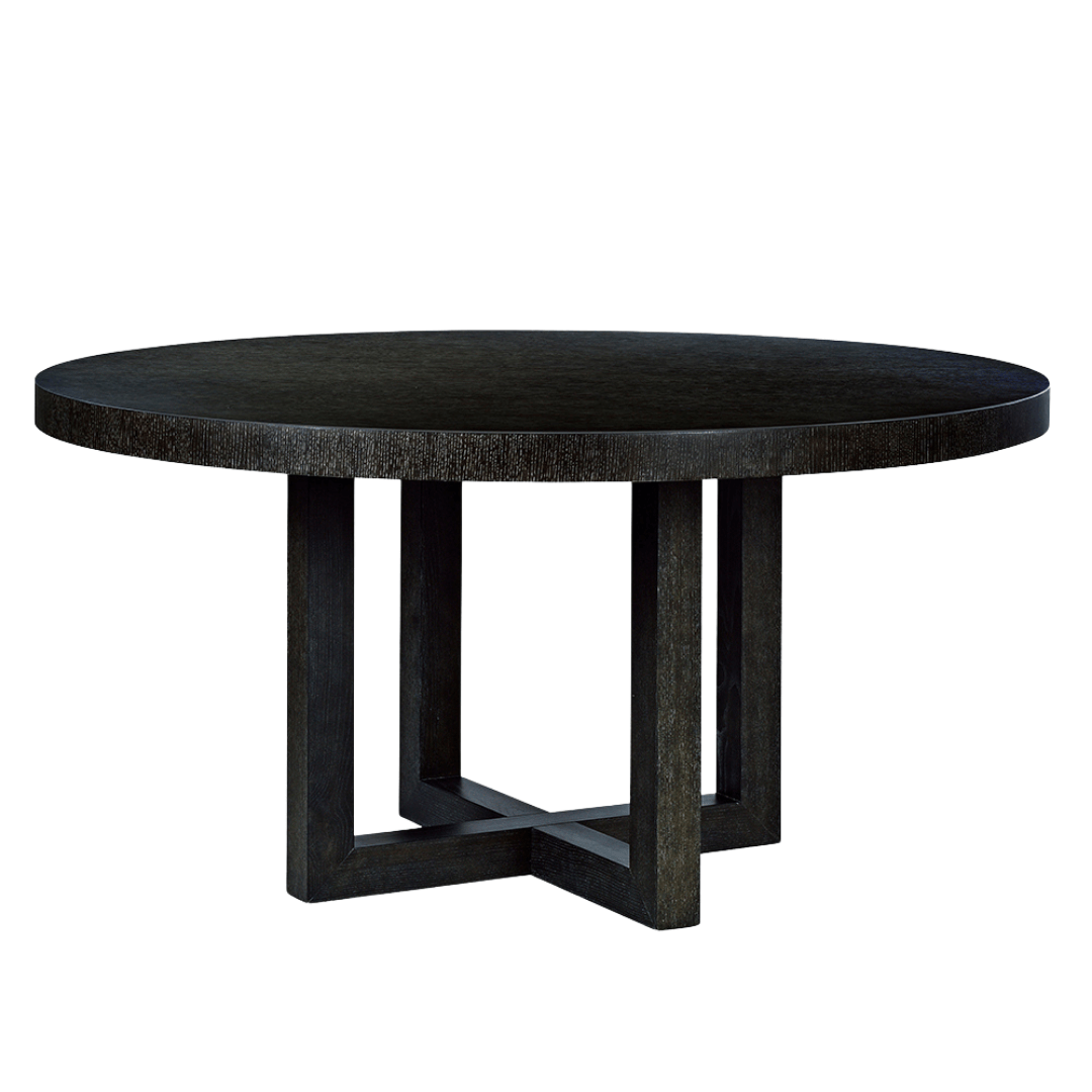 Detail of the smooth, chunky tabletop and clean simple base of the Sunset Black Round Dining Table.