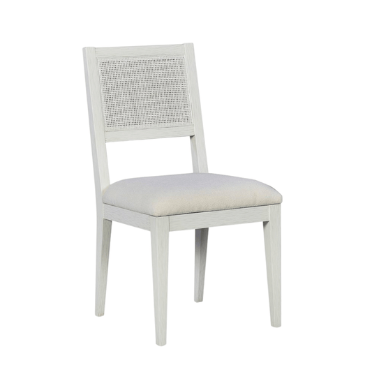 Cane I Dining Chair - White fabric seat with drift finish and cane back.