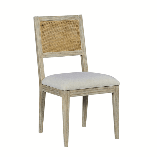 Caine I Dining Chair - Weathered finish with cane back and upholstered seat.