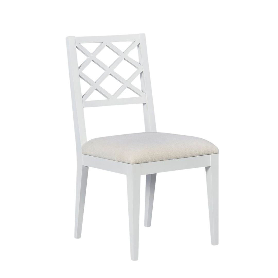 Diamond I Dining Chair - Ghost finish with diamond pattern back and upholstered seat.