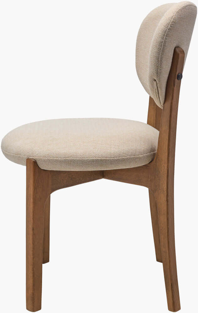 Side view of the Devin Dining Chair by Surya, featuring cream upholstered seat and backrest with a solid beechwood frame.