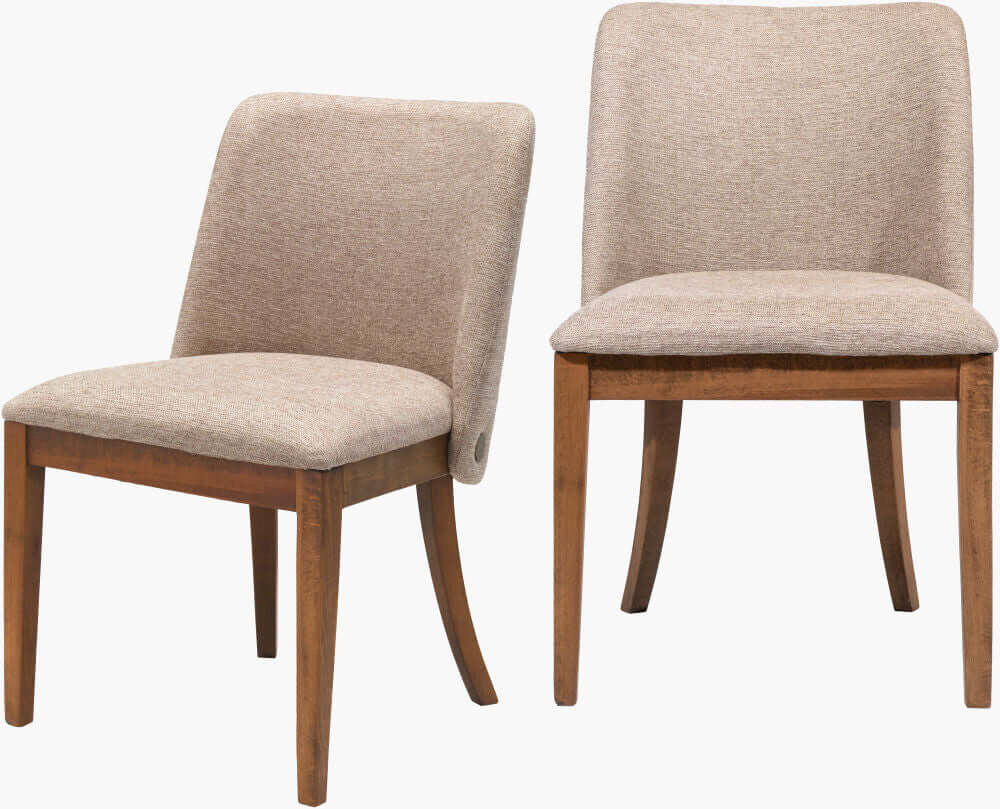 Two Brooke Dining Chairs by Surya, upholstered in medium brown polyester with sturdy beechwood legs, viewed from the front.