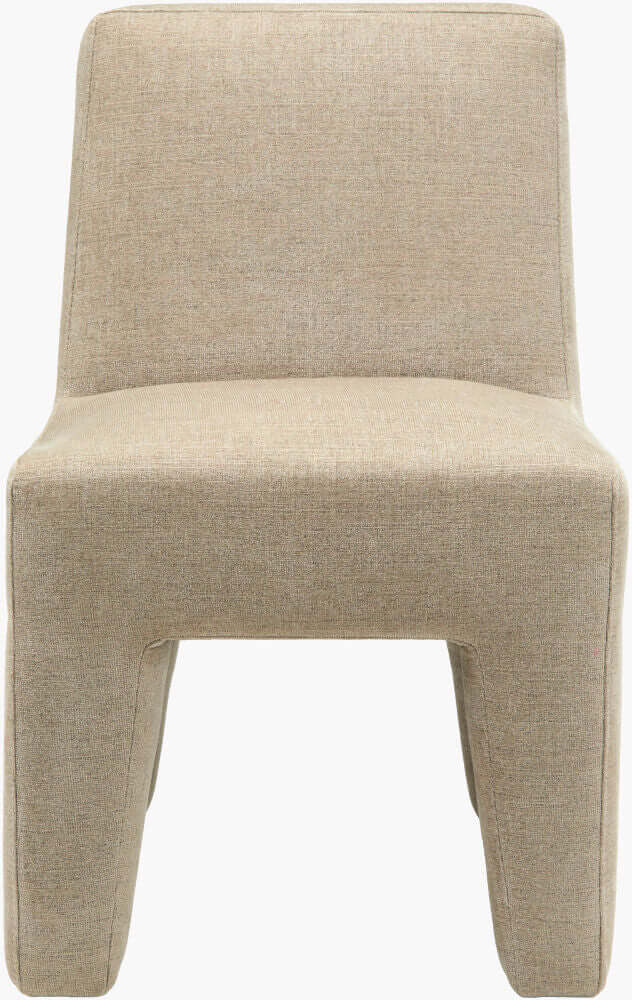 Front view of Surya Ginny taupe upholstered dining chair with plush fabric and minimalist design.