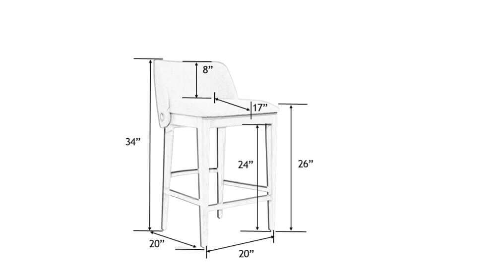 Brooke Counter Stool dimensions sketch by Surya showing height, width, and seat measurements.