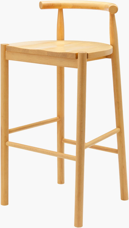 Front view of the Callum wooden bar stool by Surya, highlighting the smooth, curved backrest and sturdy legs.