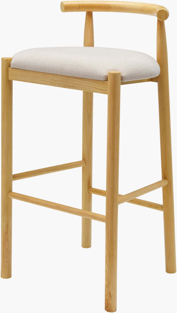 Callum Upholstered Bar Stool by Surya, featuring a light beige polyester seat and natural oak base, front view.