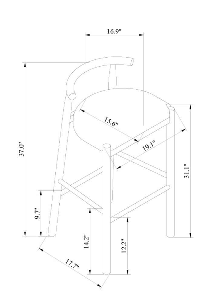 Callum upholstered bar stool dimensions diagram, indicating height, width, and depth measurements.