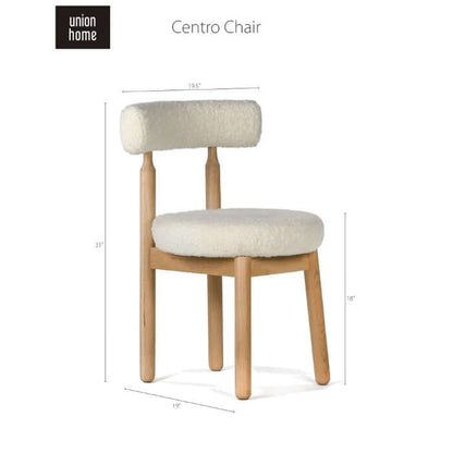 Centro Dining Chair Natural by Union Home, white modern dining chair with turned oak legs, plush boucle upholstery, and dimensions labeled.