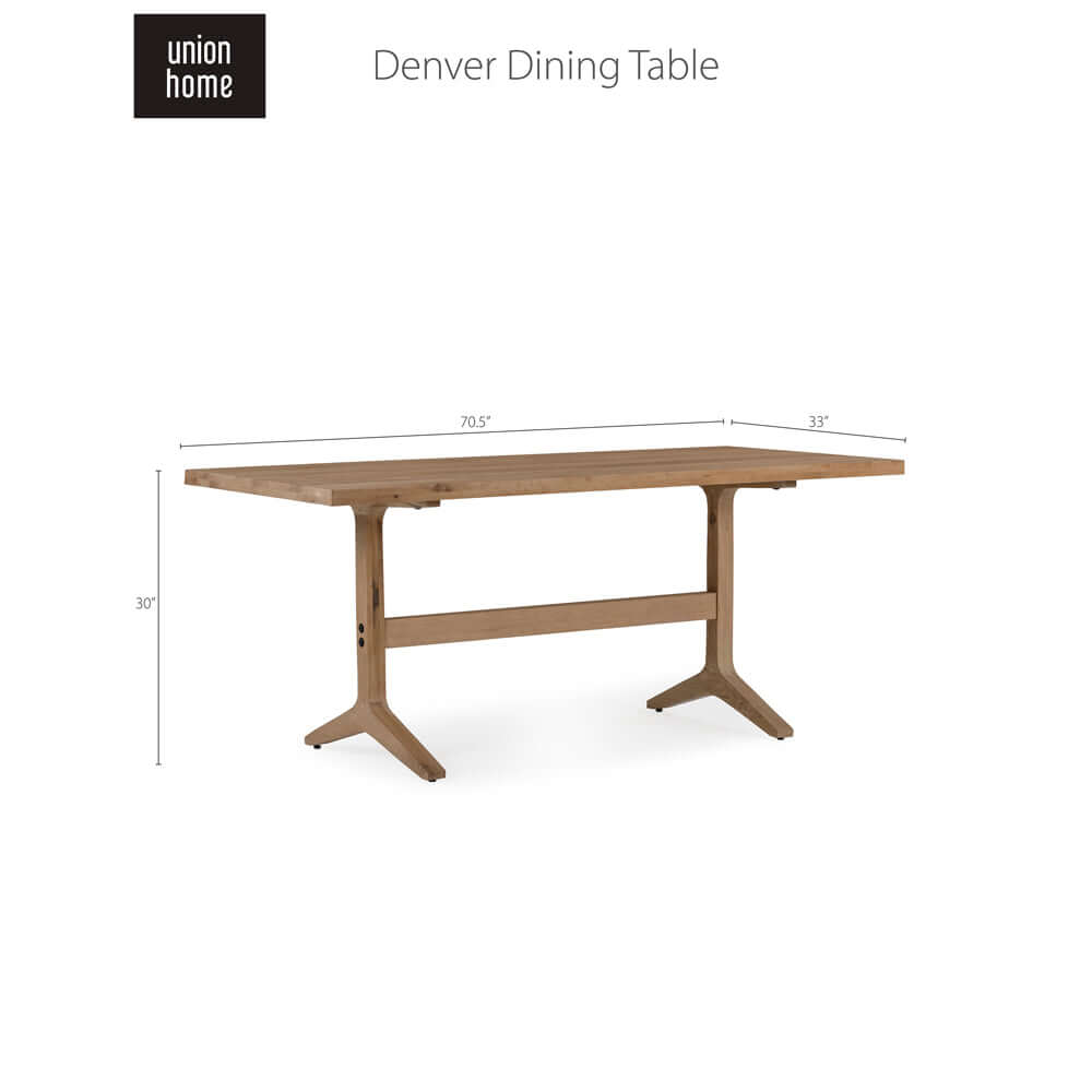 Denver Dining Table Natural with dimensions overlay, showcasing its spacious surface area.