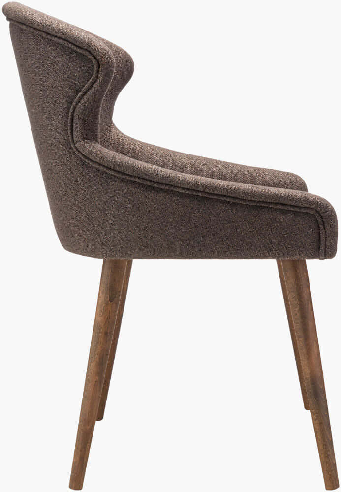 Side view of the Halie Dining Chair by Surya in brown polyester upholstery with beechwood legs.