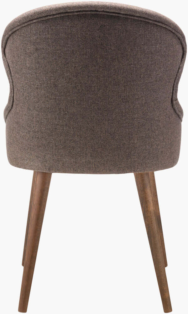 Back view of the Halie Dining Chair highlighting the smooth brown polyester fabric and sturdy beechwood legs.