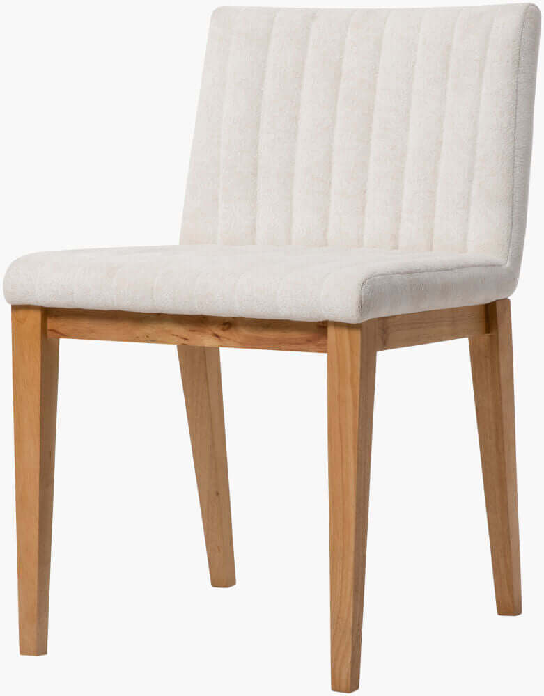 Side view of the Surya Joanne Dining Chair with natural wooden legs and neutral polyester upholstery.