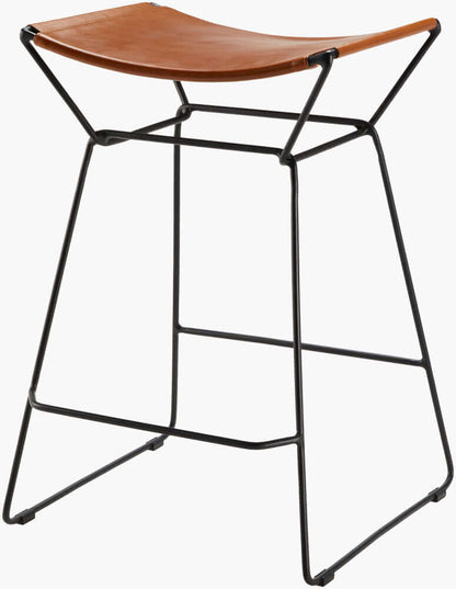 Front view of the Celerio counter stool by Surya, featuring a brown leather seat and sleek metal base.