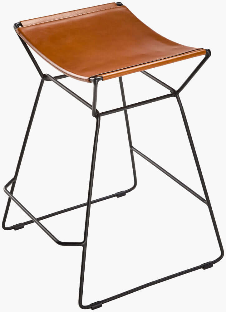 Angled view of the Celerio counter stool highlighting the curvature of the leather seat.