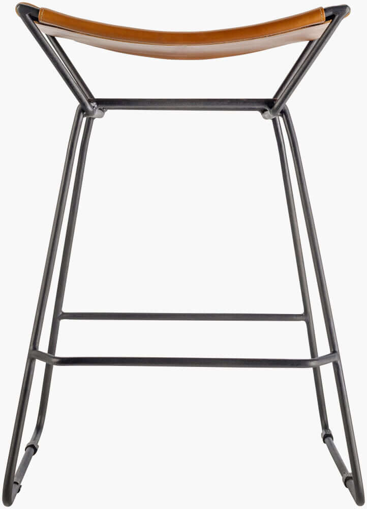 Back view of the Celerio counter stool, displaying its sturdy metal frame and leather seat.