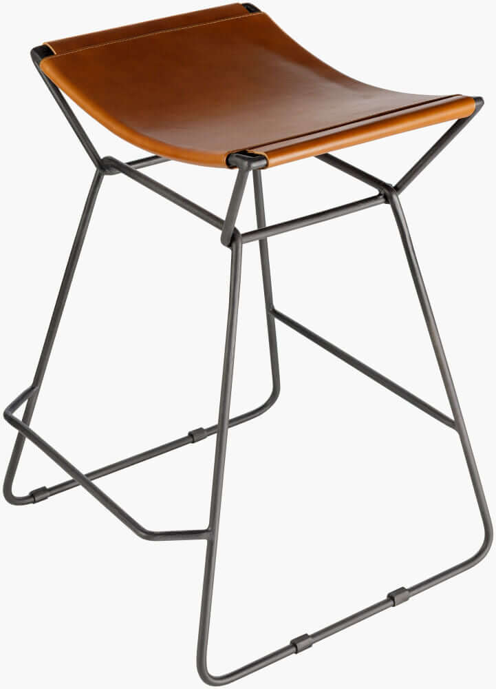 Detailed top view of Celerio leather counter stool with brown leather seat and black metal base, emphasizing minimalist design.