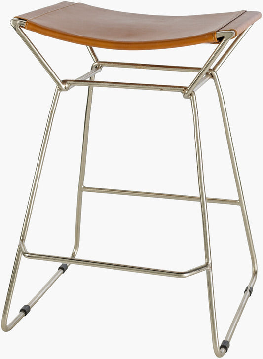 Side view of Celerio Metallic Counter Stool featuring a brown leather seat and sleek metallic bronze base.