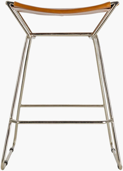 Front view of Celerio Metallic Counter Stool showing its minimalist design with a leather seat and metal frame.