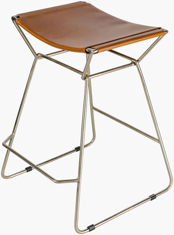 Angled view of the Celerio Metallic Counter Stool, highlighting its modern leather seat and sturdy metallic frame.