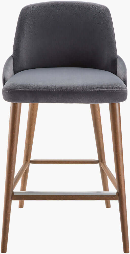 Front view of Celerio Metallic Counter Stool showing its minimalist design with a leather seat and metal frame.