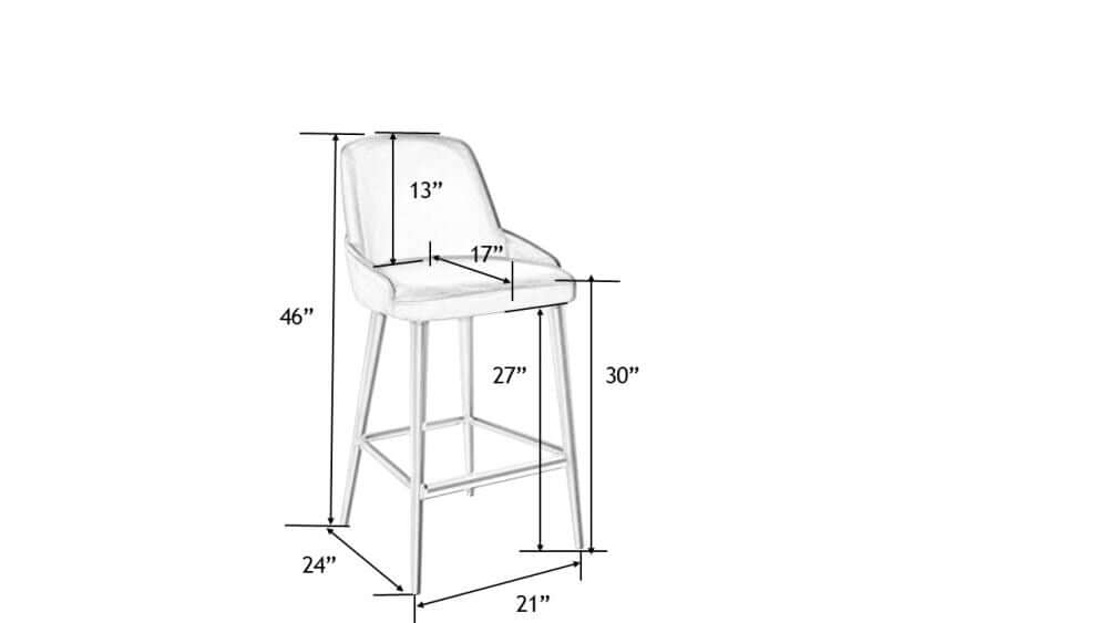 Detailed schematic of Celerio Metallic Counter Stool with dimensions, featuring a modern leather seat and metallic base.