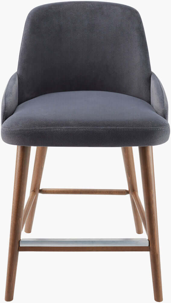 Front view of the Peregrine Counter Stool with black faux suede upholstery and beech wood base.