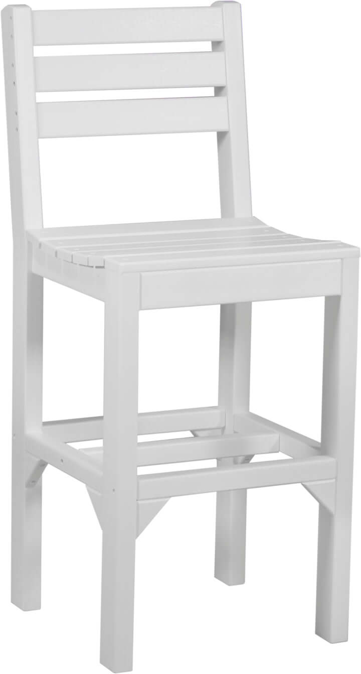 Crisp White Poly Island Bar Height Chair, providing a bright and clean look for contemporary outdoor dining areas.