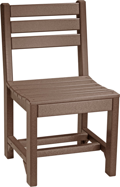 Poly Island Dining Chair in Chestnut Brown with a straight edge and low-back design, perfect for a cozy patio setup.