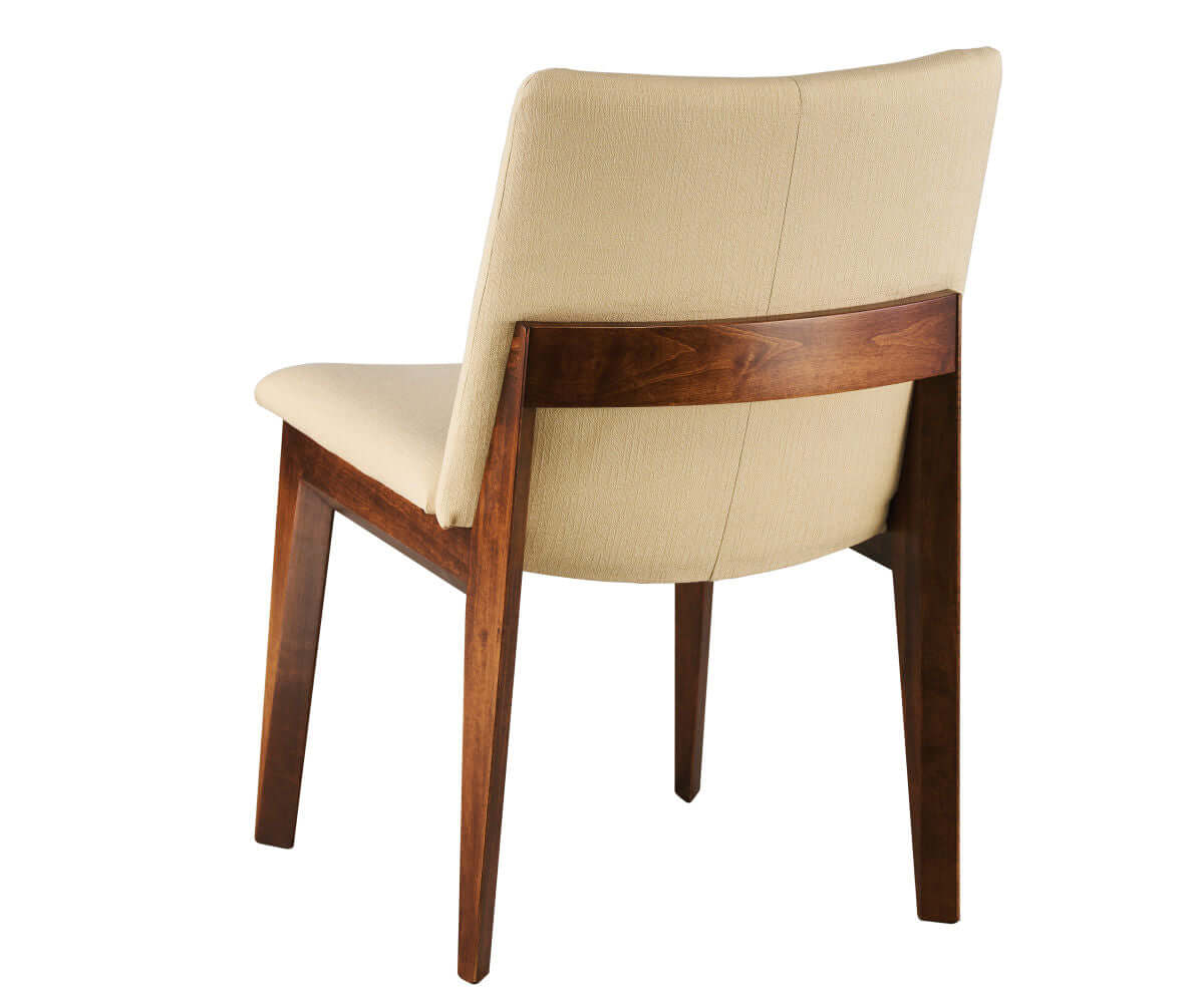 Jefferson Dining Chair back view in brown maple wood and snow-white fabric 