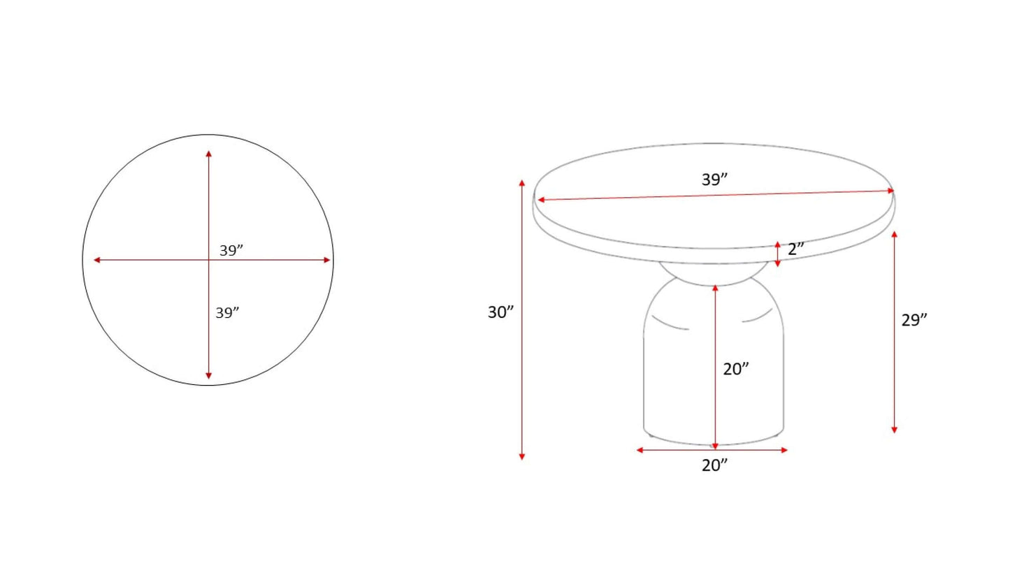 Technical drawing showing dimensions of the Koben Dining Table: 39" diameter, 30" height.