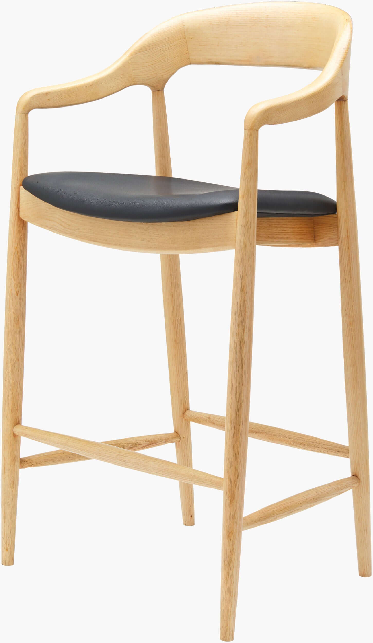 Three-quarter view of the Kisco Natural Bar Stool by Surya, showcasing its sleek natural wooden frame and cushioned faux leather seat.