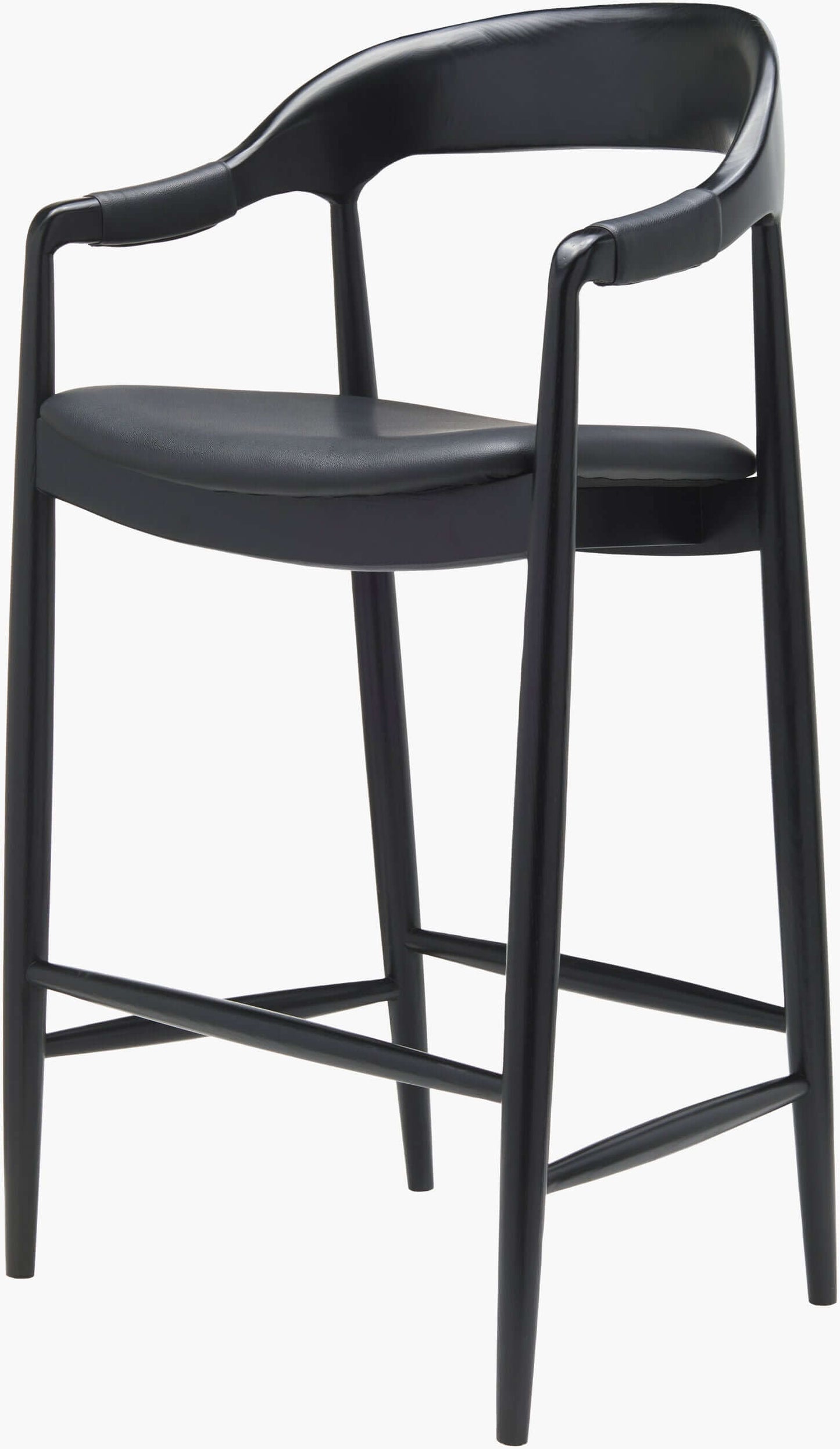 Three-quarter view of the Kisco Bar Stool by Surya, showcasing its sleek black wooden frame and cushioned faux leather seat.