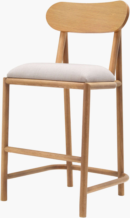 Front view of the Keating Bar Stool with a minimalist modern design and oak base.