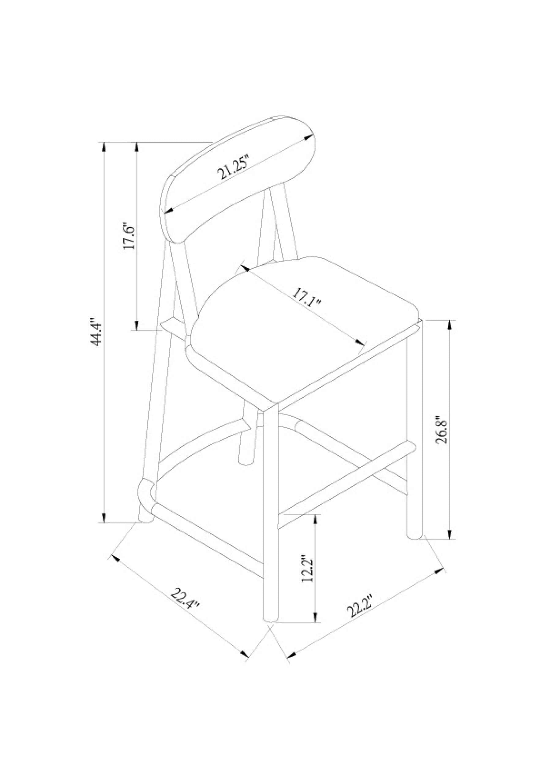 Line drawing of the Keating Bar Stool by Surya, showing detailed dimensions: 44.4" height, 21.25" width, and 26.8" depth.