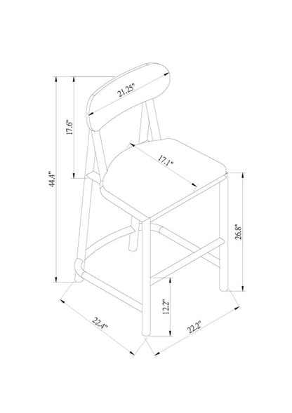 Line drawing of the Keating Bar Stool by Surya, showing detailed dimensions: 44.4" height, 21.25" width, and 26.8" depth.