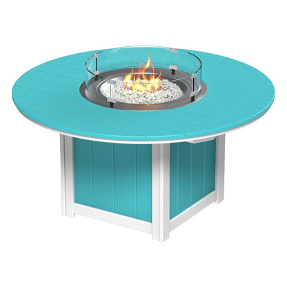 Vibrant Aruba blue and white 60" round fire table with tempered glass wind guard.