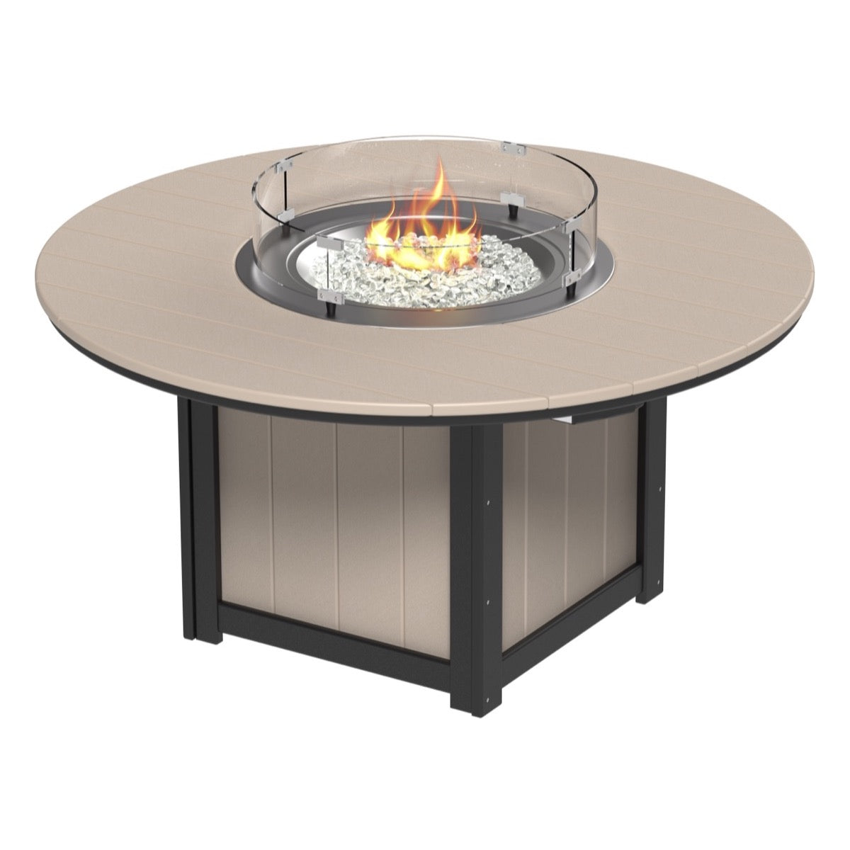 Elegant weatherwood and black 60" round fire table, perfect for outdoor gatherings.