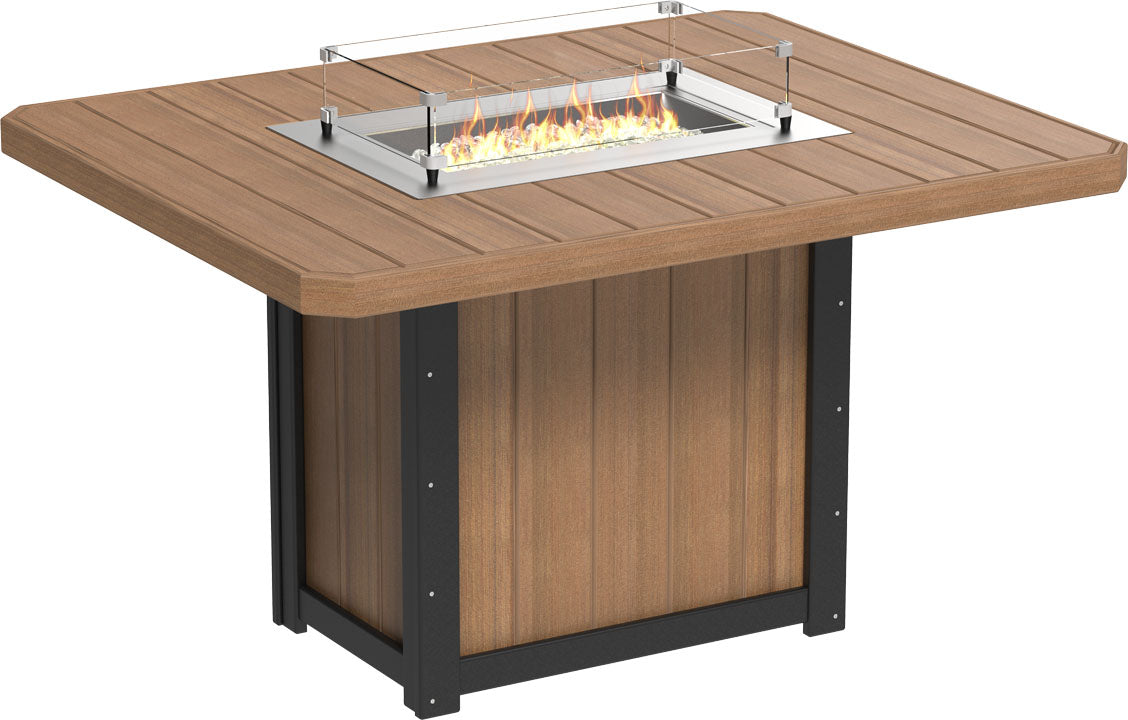 Lumin 62" Fire Table in Antique Mahogany & Black, emphasizing the textured poly wood and robust build.