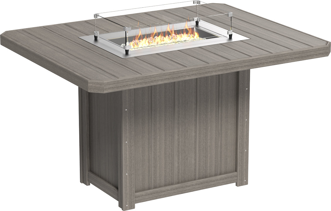 Vivid representation of the Lumin 62" Fire Table in Coastal Gray, set for a cozy outdoor gathering.